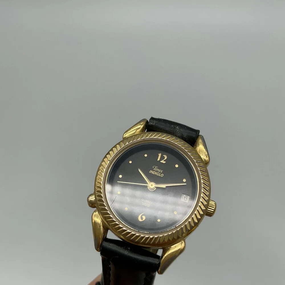 Vintage Timex Indiglo Womens Watch 25mm Black Dial Gold Tone Date New Battery